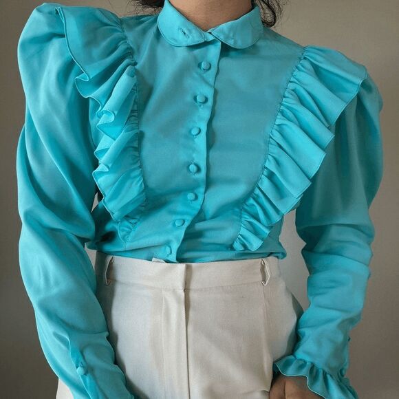 vtg 70s western button blouse large ruffle collared puff sleeves victorian small - Picture 9 of 10